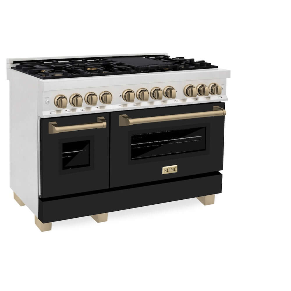 ZLINE Autograph Edition 48-inch Dual Fuel Range in DuraSnow® Stainless Steel with Black Matte Doors and Champagne Bronze Accents (RASZ-BLM-48-CB) side, double ovens doors closed