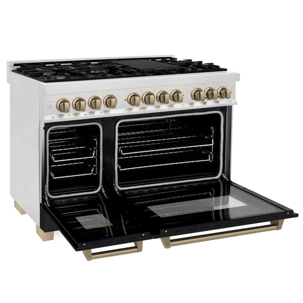ZLINE Autograph Edition 48-inch Dual Fuel Range in DuraSnow® Stainless Steel with Black Matte Doors and Champagne Bronze Accents (RASZ-BLM-48-CB) side, double ovens doors open