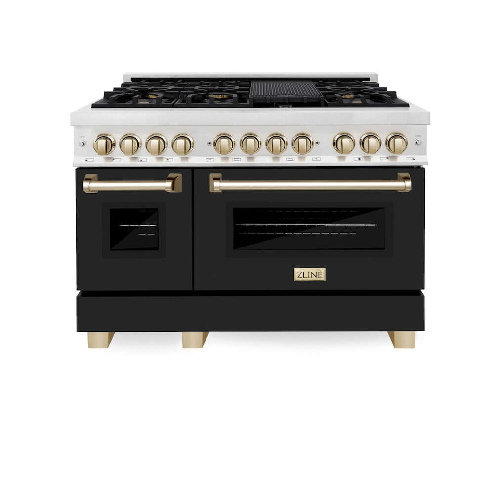 ZLINE Autograph Edition 48-inch Dual Fuel Range in DuraSnow® Stainless Steel with Black Matte Doors and Polished Gold Accents (RASZ-BLM-48-G) front, double ovens doors closed