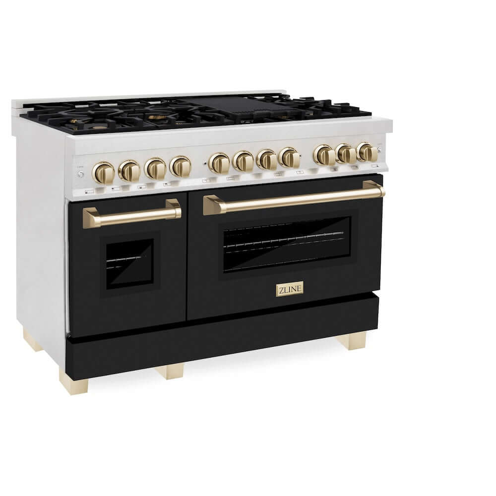 ZLINE Autograph Edition 48-inch Dual Fuel Range in DuraSnow® Stainless Steel with Black Matte Doors and Polished Gold Accents (RASZ-BLM-48-G) side, double ovens doors closed