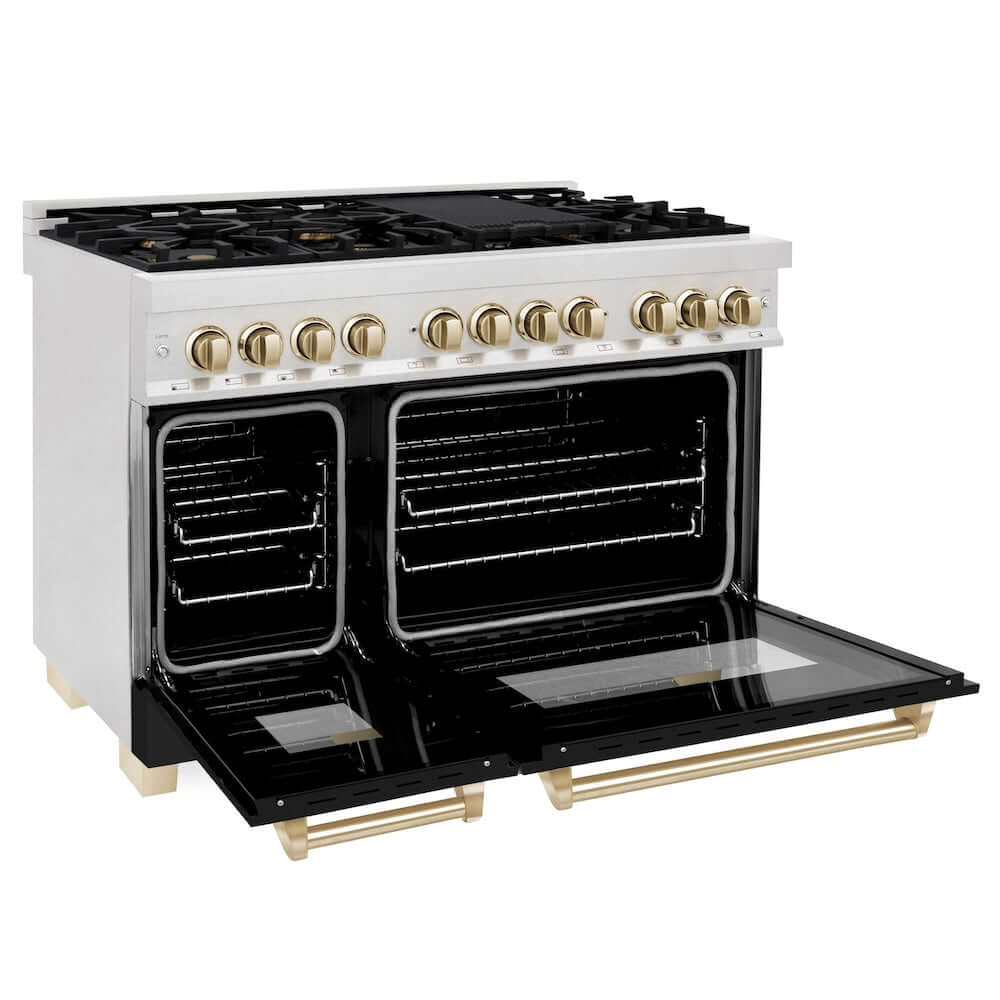 ZLINE Autograph Edition 48-inch Dual Fuel Range in DuraSnow® Stainless Steel with Black Matte Doors and Polished Gold Accents (RASZ-BLM-48-G) side, double ovens doors open