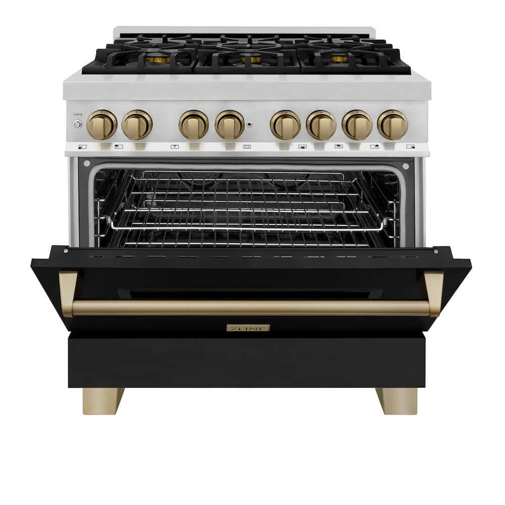 ZLINE Autograph Edition 36 in. 4.6 cu. ft. Dual Fuel Range with Gas Stove and Electric Oven in Stainless Steel with Black Matte Door and Champagne Bronze Accents (RAZ-BLM-36-CB) front, oven half open.