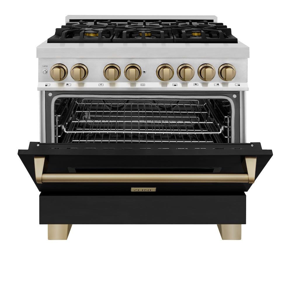 ZLINE Autograph Edition 36 in. 4.6 cu. ft. Legacy Dual Fuel Range with 6 Burner Gas Cooktop and Electric Convection Oven in Stainless Steel with Black Matte Door and Champagne Bronze Accents, Open Box-Good Condition