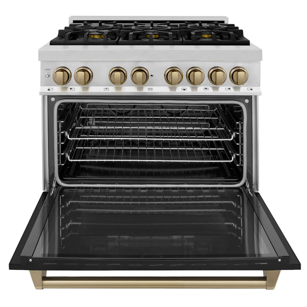 ZLINE Autograph Edition 36 in. 4.6 cu. ft. Dual Fuel Range with Gas Stove and Electric Oven in Stainless Steel with Black Matte Door and Champagne Bronze Accents (RAZ-BLM-36-CB) front, oven open.