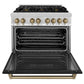 ZLINE Autograph Edition 36 in. 4.6 cu. ft. Legacy Dual Fuel Range with 6 Burner Gas Cooktop and Electric Convection Oven in Stainless Steel with Black Matte Door and Champagne Bronze Accents (RAZ-BLM-36-CB) front, oven open.