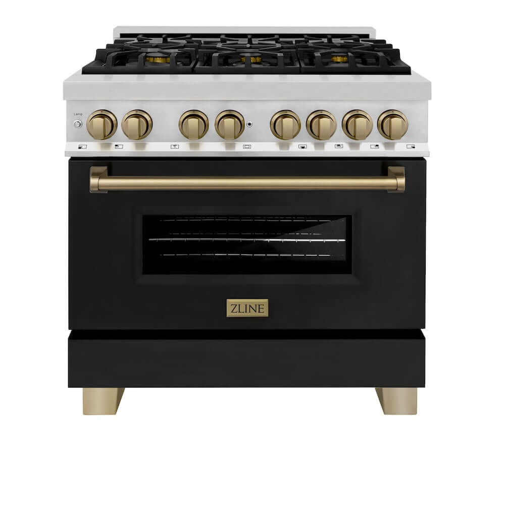 ZLINE Autograph Edition 36 in. 4.6 cu. ft. Dual Fuel Range with Gas Stove and Electric Oven in Stainless Steel with Black Matte Door and Champagne Bronze Accents (RAZ-BLM-36-CB) front, oven closed.
