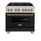 ZLINE Autograph Edition 36 in. 4.6 cu. ft. Legacy Dual Fuel Range with 6 Burner Gas Cooktop and Electric Convection Oven in Stainless Steel with Black Matte Door and Champagne Bronze Accents (RAZ-BLM-36-CB) front, oven closed.