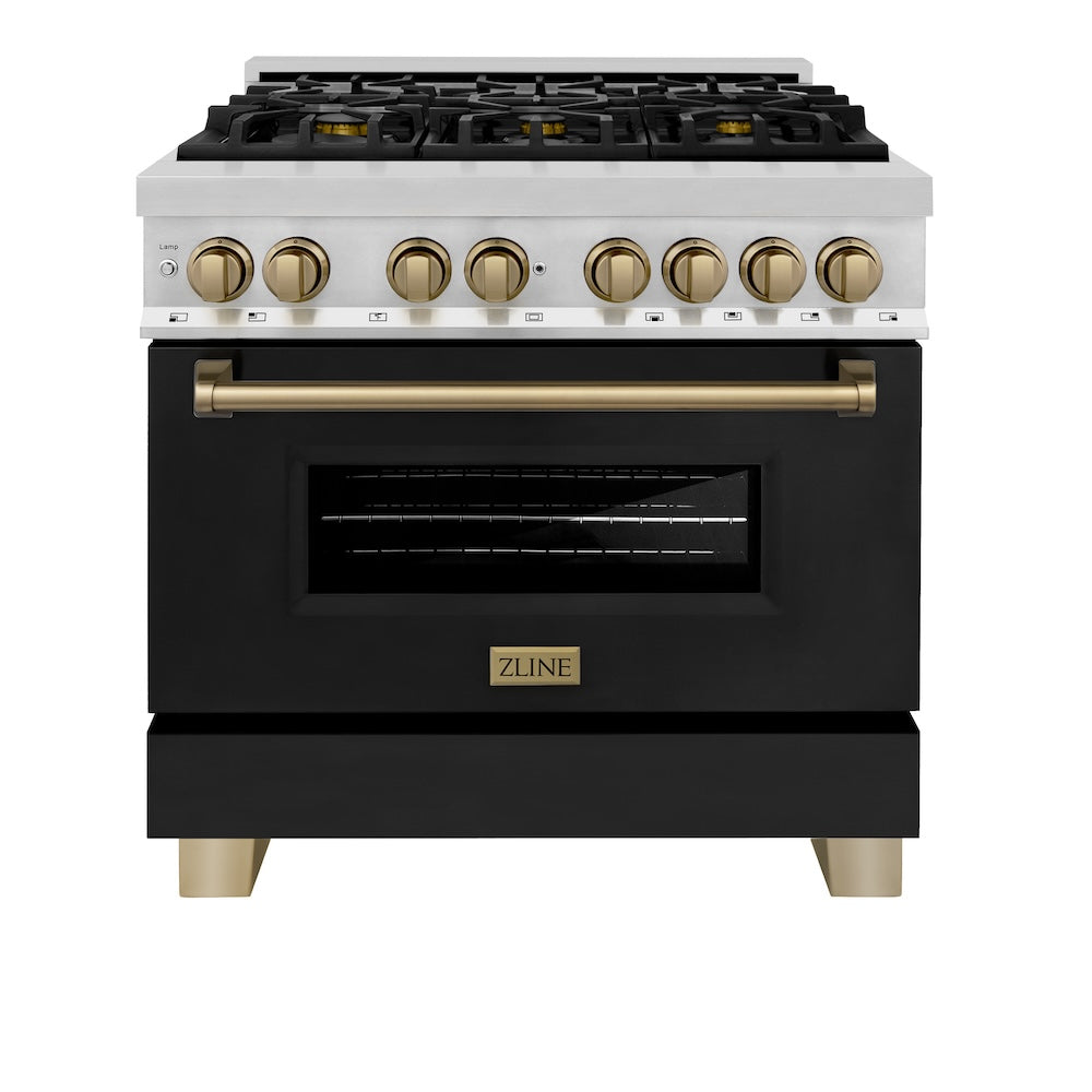 ZLINE Autograph Edition 36 in. 4.6 cu. ft. Legacy Dual Fuel Range with 6 Burner Gas Cooktop and Electric Convection Oven in Stainless Steel with Black Matte Door and Champagne Bronze Accents, Open Box-Good Condition
