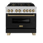 ZLINE Autograph Edition 36 in. 4.6 cu. ft. Legacy Dual Fuel Range with 6 Burner Gas Cooktop and Electric Convection Oven in Stainless Steel with Black Matte Door and Champagne Bronze Accents, Open Box-Great Condition