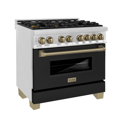 ZLINE Autograph Edition 36 in. 4.6 cu. ft. Legacy Dual Fuel Range with 6 Burner Gas Cooktop and Electric Convection Oven in Stainless Steel with Black Matte Door and Champagne Bronze Accents, Open Box-Good Condition