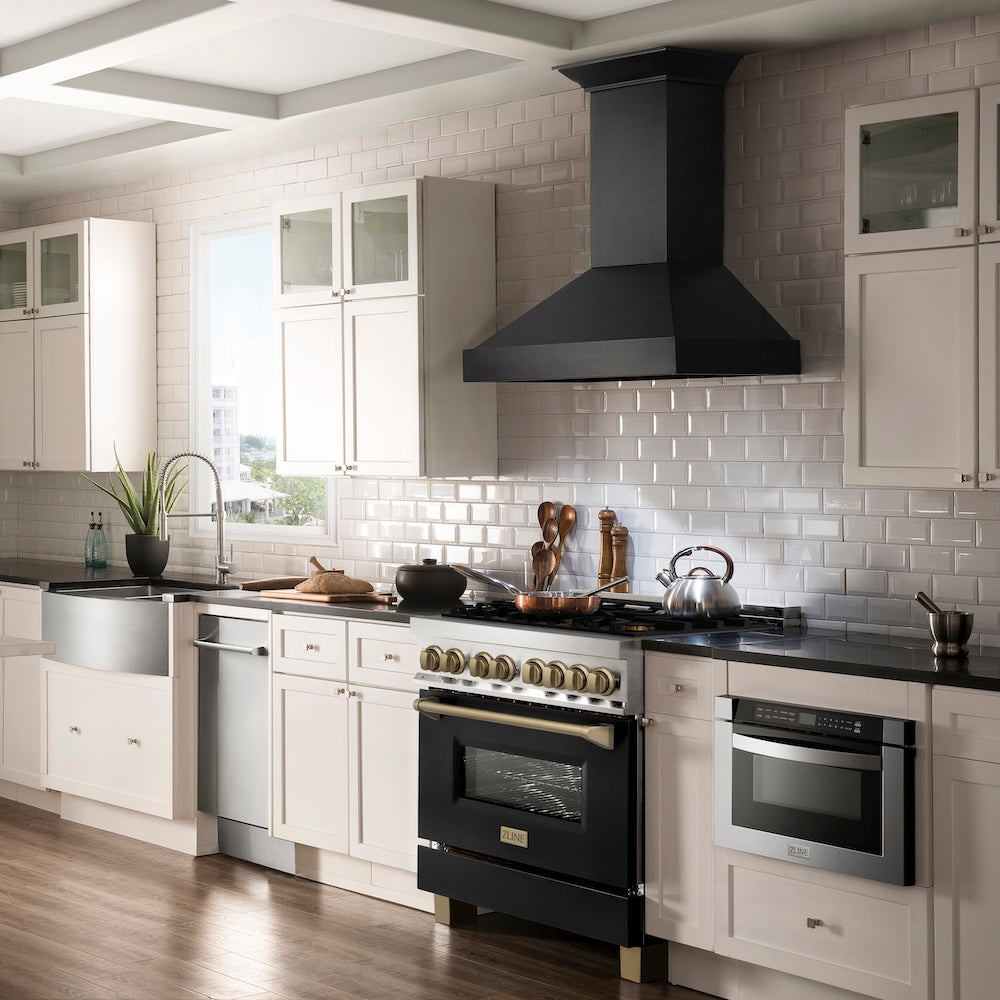 ZLINE Autograph Edition 36 in. 4.6 cu. ft. Legacy Dual Fuel Range with 6 Burner Gas Cooktop and Electric Convection Oven in Stainless Steel with Black Matte Door and Champagne Bronze Accents, Open Box-Good Condition