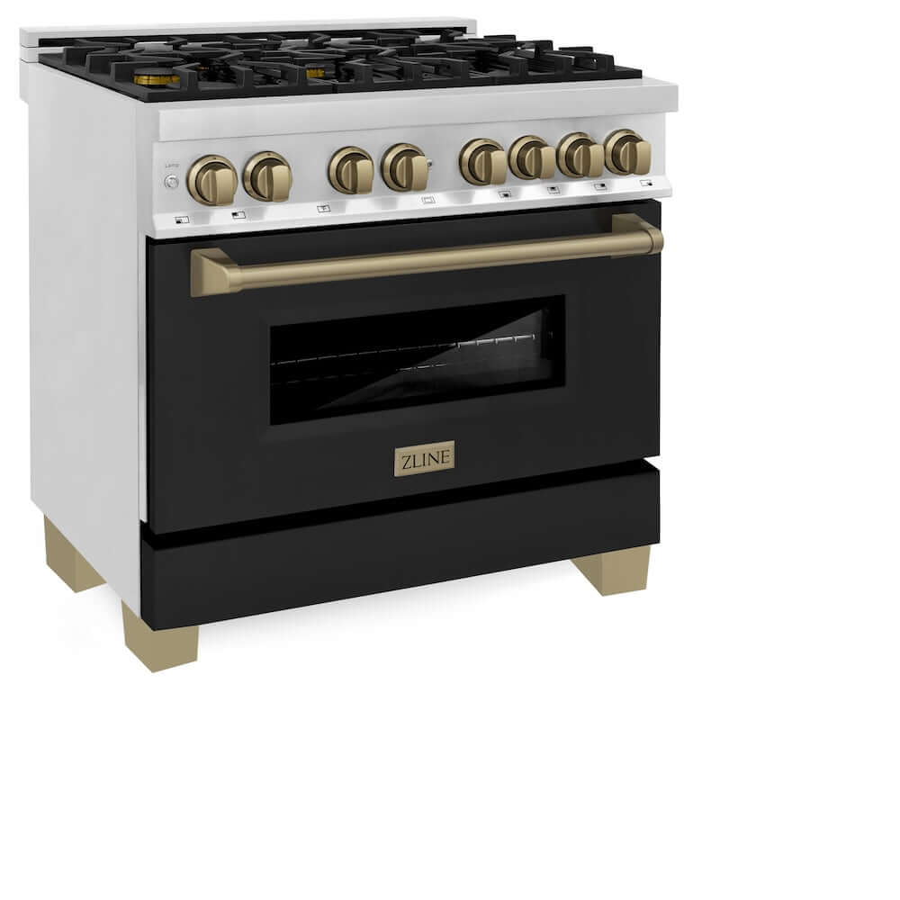 ZLINE Autograph Edition 36 in. 4.6 cu. ft. Dual Fuel Range with Gas Stove and Electric Oven in Stainless Steel with Black Matte Door and Champagne Bronze Accents (RAZ-BLM-36-CB) side, oven closed.