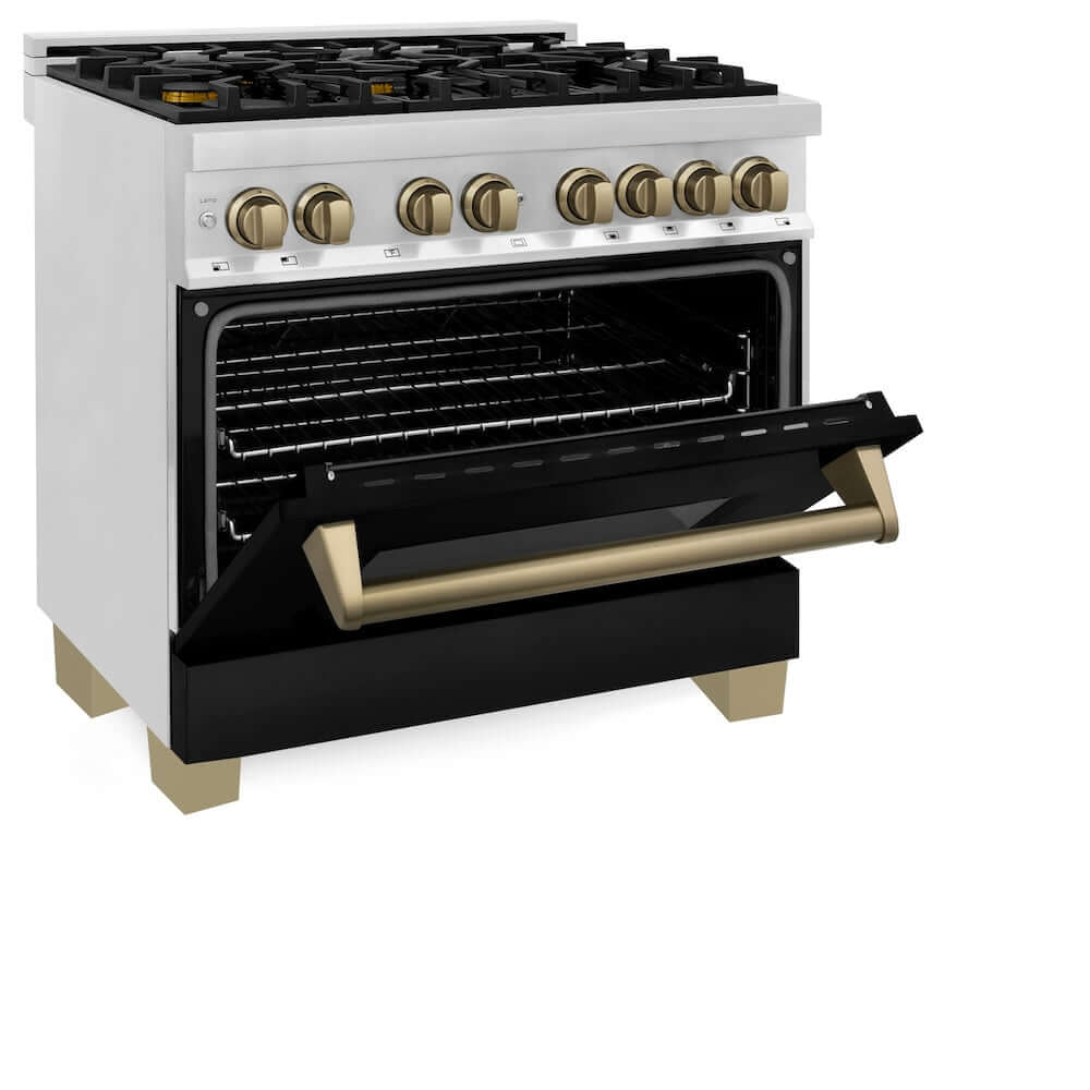 ZLINE Autograph Edition 36 in. 4.6 cu. ft. Dual Fuel Range with Gas Stove and Electric Oven in Stainless Steel with Black Matte Door and Champagne Bronze Accents (RAZ-BLM-36-CB) side, oven half open.