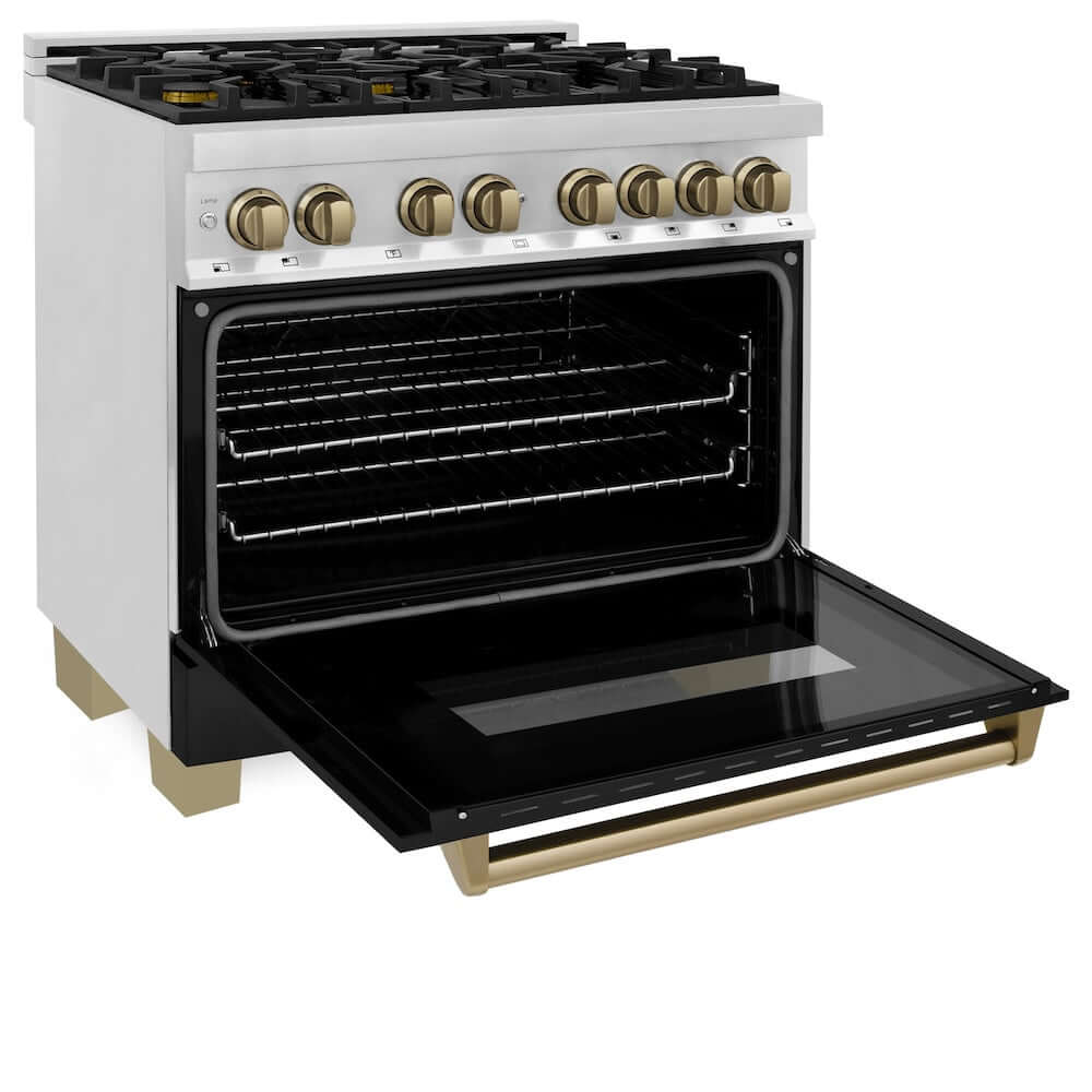 ZLINE Autograph Edition 36 in. 4.6 cu. ft. Dual Fuel Range with Gas Stove and Electric Oven in Stainless Steel with Black Matte Door and Champagne Bronze Accents (RAZ-BLM-36-CB) side, oven open.