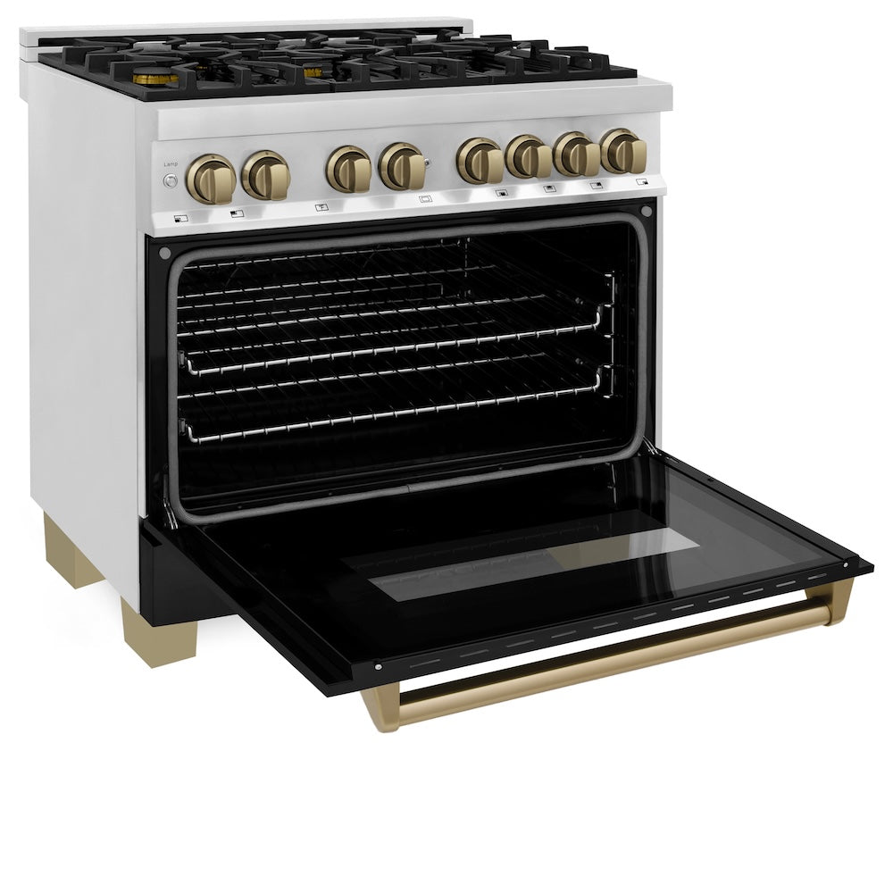 ZLINE Autograph Edition 36 in. 4.6 cu. ft. Legacy Dual Fuel Range with 6 Burner Gas Cooktop and Electric Convection Oven in Stainless Steel with Black Matte Door and Champagne Bronze Accents, Open Box-Good Condition