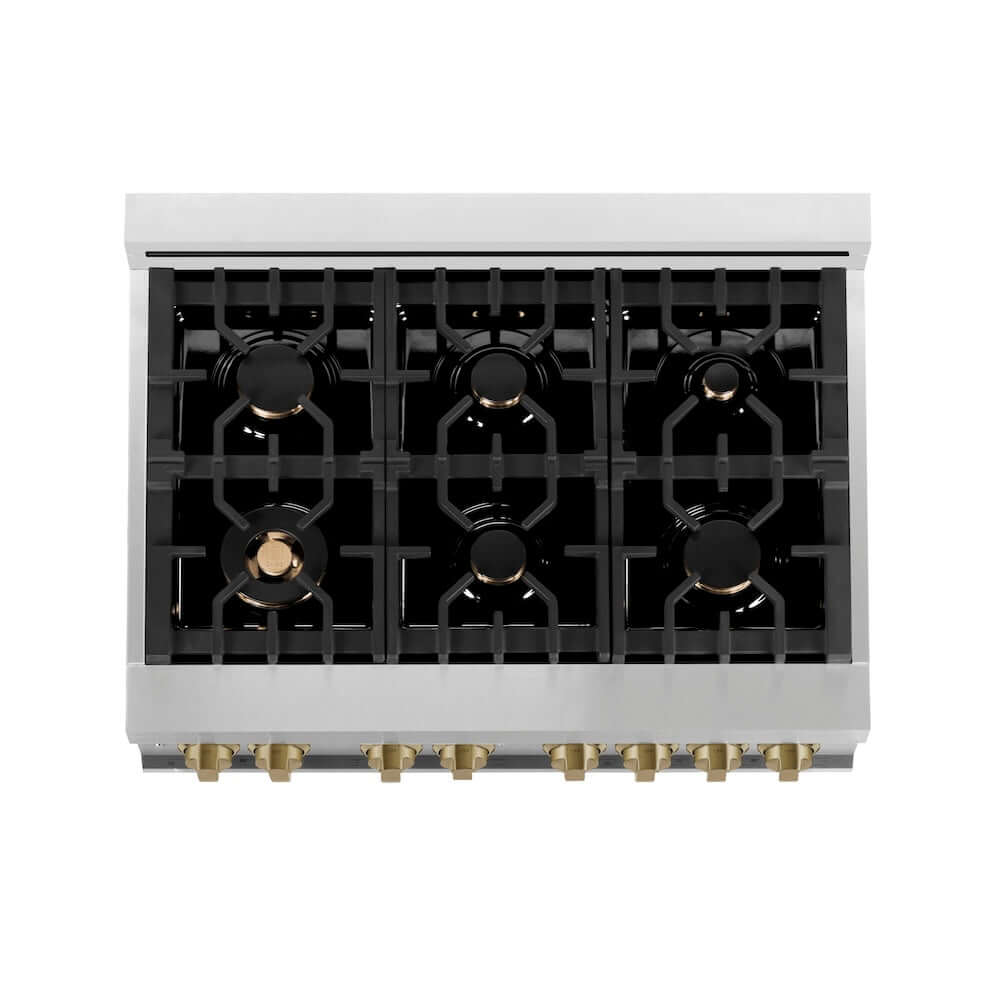 ZLINE Autograph Edition 36 in. 4.6 cu. ft. Dual Fuel Range with Gas Stove and Electric Oven in Stainless Steel with Black Matte Door and Champagne Bronze Accents (RAZ-BLM-36-CB) from above, showing cooktop.