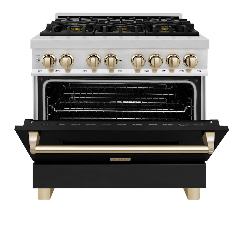 ZLINE Autograph Edition 36 in. 4.6 cu. ft. Legacy Dual Fuel Range with 6 Burner Gas Cooktop and Electric Convection Oven in Stainless Steel with Black Matte Door and Polished Gold Accents, Open Box-Good Condition