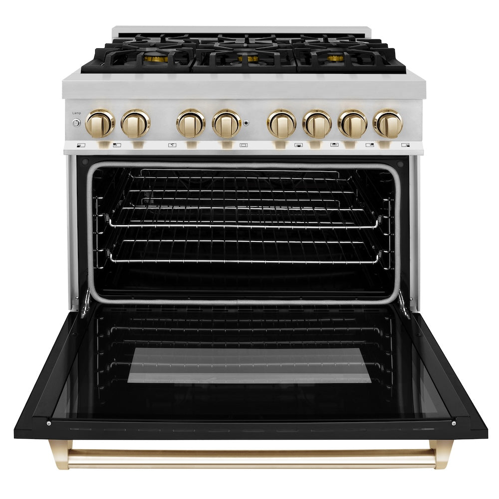 ZLINE Autograph Edition 36 in. 4.6 cu. ft. Legacy Dual Fuel Range with 6 Burner Gas Cooktop and Electric Convection Oven in Stainless Steel with Black Matte Door and Polished Gold Accents, Open Box-Good Condition