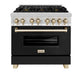 ZLINE Autograph Edition 36 in. 4.6 cu. ft. Legacy Dual Fuel Range with 6 Burner Gas Cooktop and Electric Convection Oven in Stainless Steel with Black Matte Door and Polished Gold Accents, Open Box-Good Condition