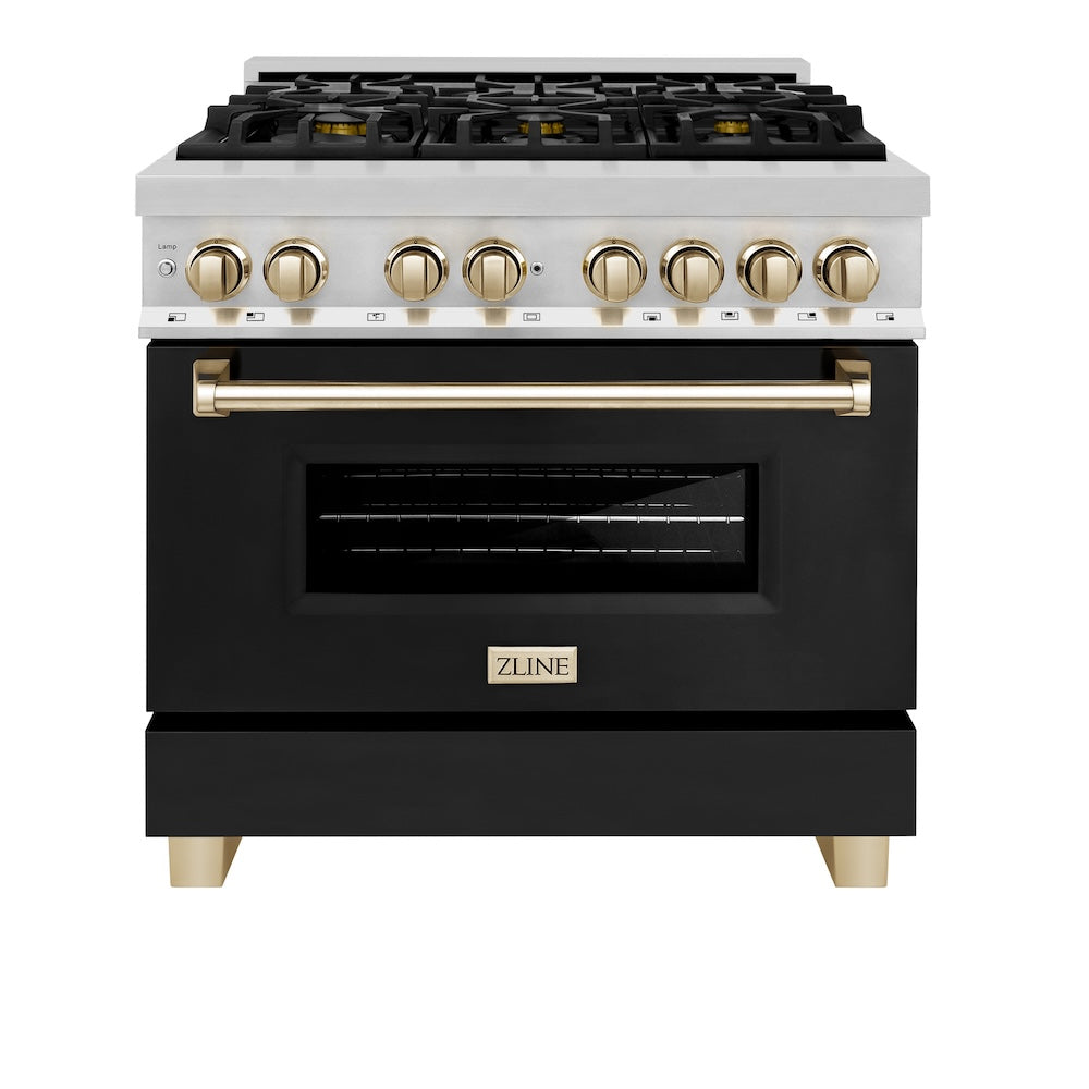ZLINE Autograph Edition 36 in. 4.6 cu. ft. Legacy Dual Fuel Range with 6 Burner Gas Cooktop and Electric Convection Oven in Stainless Steel with Black Matte Door and Polished Gold Accents, Open Box-Good Condition