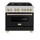 ZLINE Autograph Edition 36 in. 4.6 cu. ft. Legacy Dual Fuel Range with 6 Burner Gas Cooktop and Electric Convection Oven in Stainless Steel with Black Matte Door and Polished Gold Accents, Open Box-Great Condition