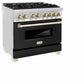 ZLINE Autograph Edition 36 in. 4.6 cu. ft. Legacy Dual Fuel Range with 6 Burner Gas Cooktop and Electric Convection Oven in Stainless Steel with Black Matte Door and Polished Gold Accents, Open Box-Great Condition