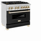 ZLINE Autograph Edition 36 in. 4.6 cu. ft. Legacy Dual Fuel Range with 6 Burner Gas Cooktop and Electric Convection Oven in Stainless Steel with Black Matte Door and Polished Gold Accents, Open Box-Good Condition