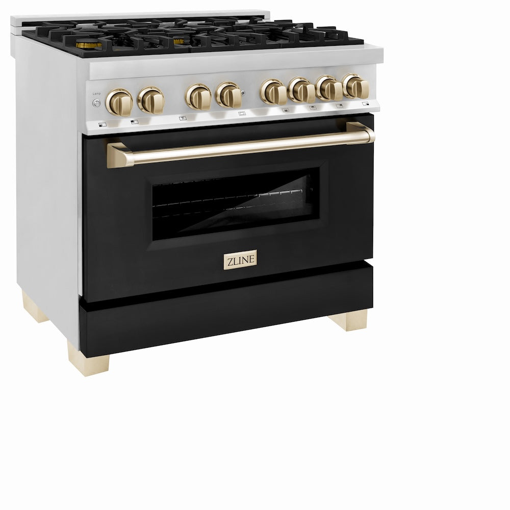 ZLINE Autograph Edition 36 in. 4.6 cu. ft. Legacy Dual Fuel Range with 6 Burner Gas Cooktop and Electric Convection Oven in Stainless Steel with Black Matte Door and Polished Gold Accents, Open Box-Good Condition