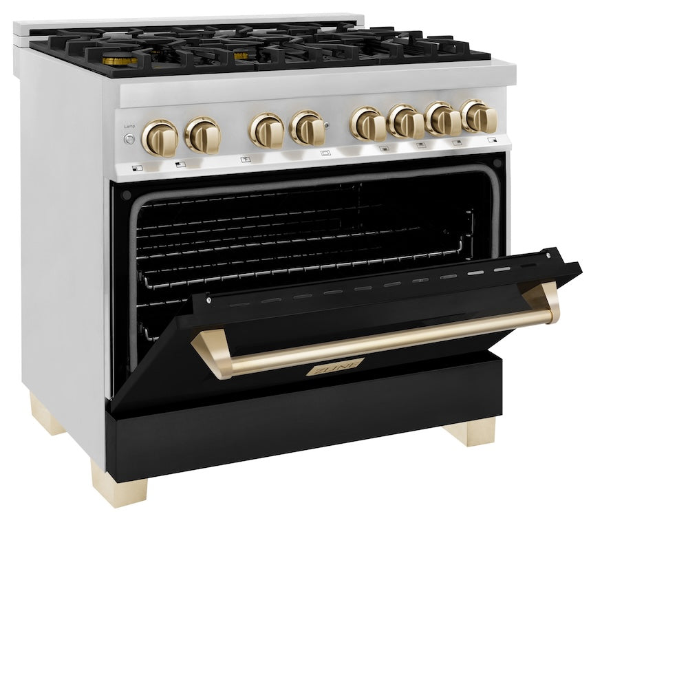 ZLINE Autograph Edition 36 in. 4.6 cu. ft. Legacy Dual Fuel Range with 6 Burner Gas Cooktop and Electric Convection Oven in Stainless Steel with Black Matte Door and Polished Gold Accents, Open Box-Good Condition