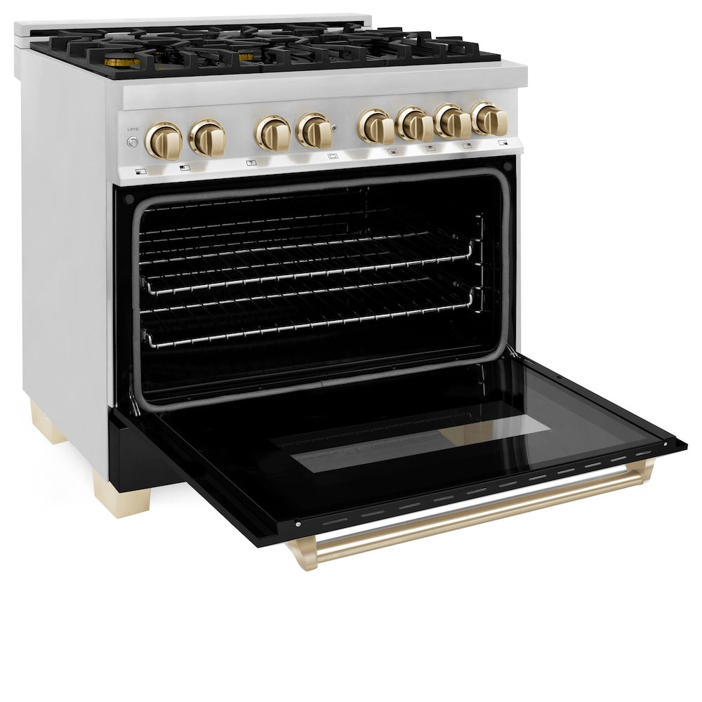 ZLINE Autograph Edition 36 in. 4.6 cu. ft. Legacy Dual Fuel Range with 6 Burner Gas Cooktop and Electric Convection Oven in Stainless Steel with Black Matte Door and Polished Gold Accents, Open Box-Good Condition