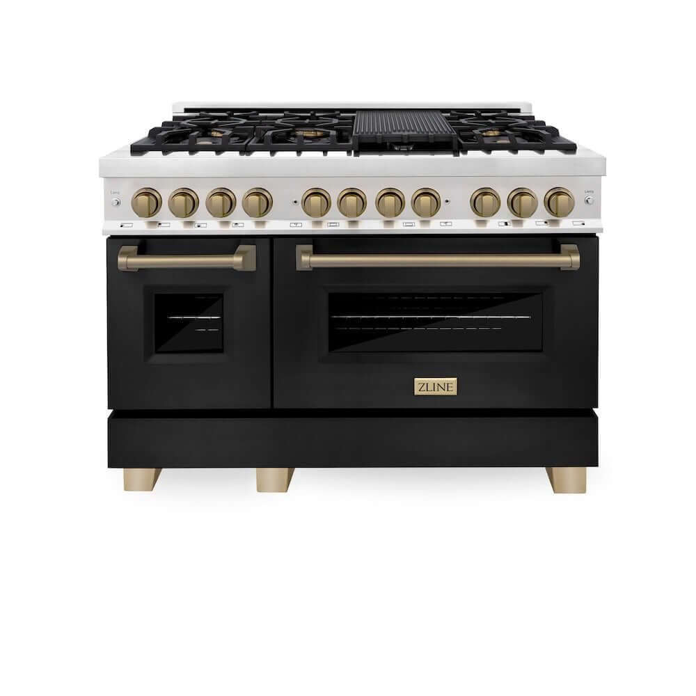 ZLINE Autograph Edition 48 in. 6.0 cu. ft. Dual Fuel Range with Gas Stove and Electric Oven in Stainless Steel with Black Matte Doors and Champagne Bronze Accents (RAZ-BLM-48-CB) front, oven closed.