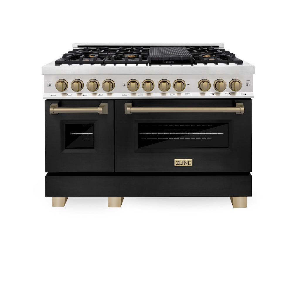 ZLINE Autograph Edition 48 in. 6.0 cu. ft. Legacy Dual Fuel Range with 7 Burner Gas Cooktop and 2 Electric Ovens in Stainless Steel with Black Matte Doors and Champagne Bronze Accents, Open Box-Good Condition