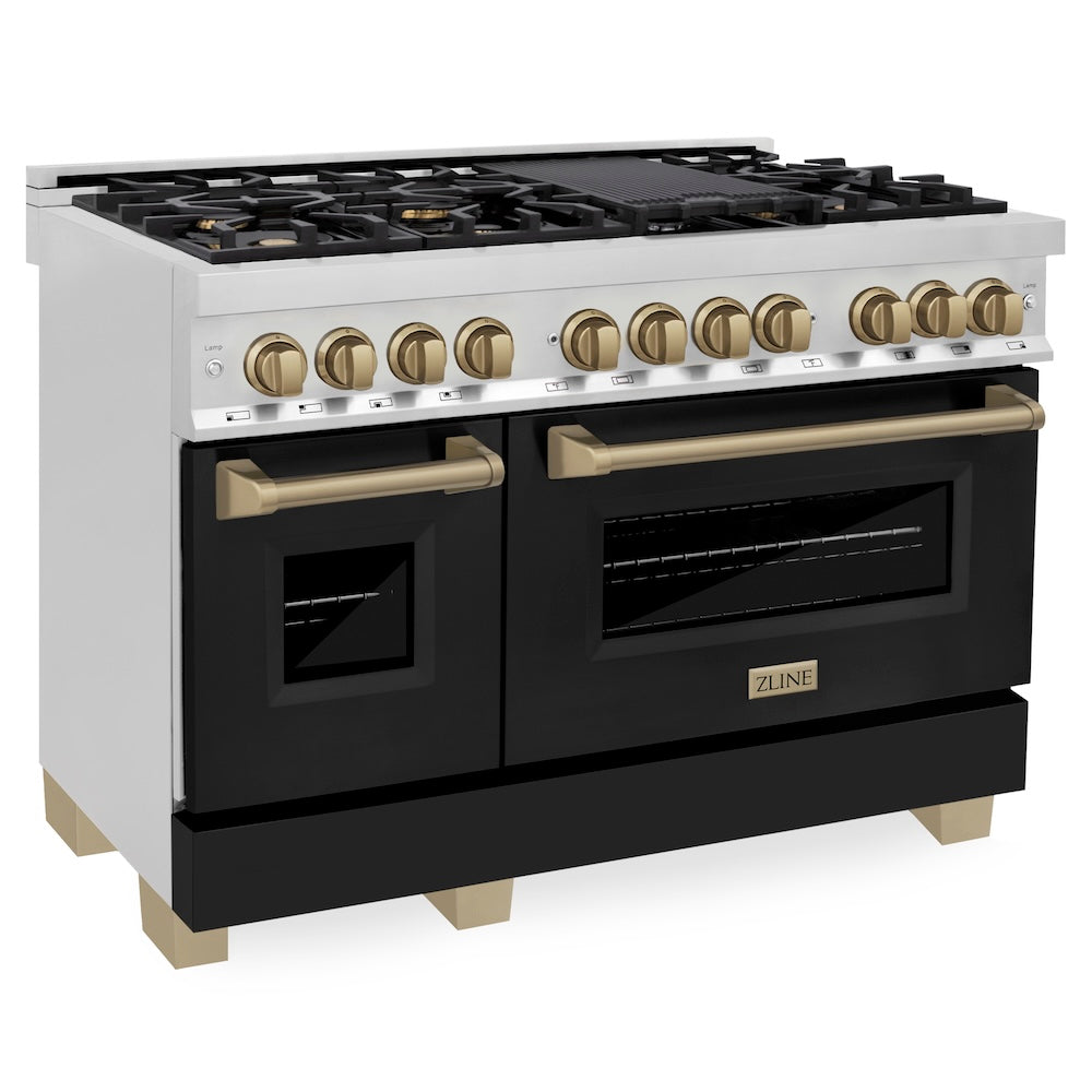 ZLINE Autograph Edition 48 in. 6.0 cu. ft. Legacy Dual Fuel Range with 7 Burner Gas Cooktop and 2 Electric Ovens in Stainless Steel with Black Matte Doors and Champagne Bronze Accents, Open Box-Good Condition