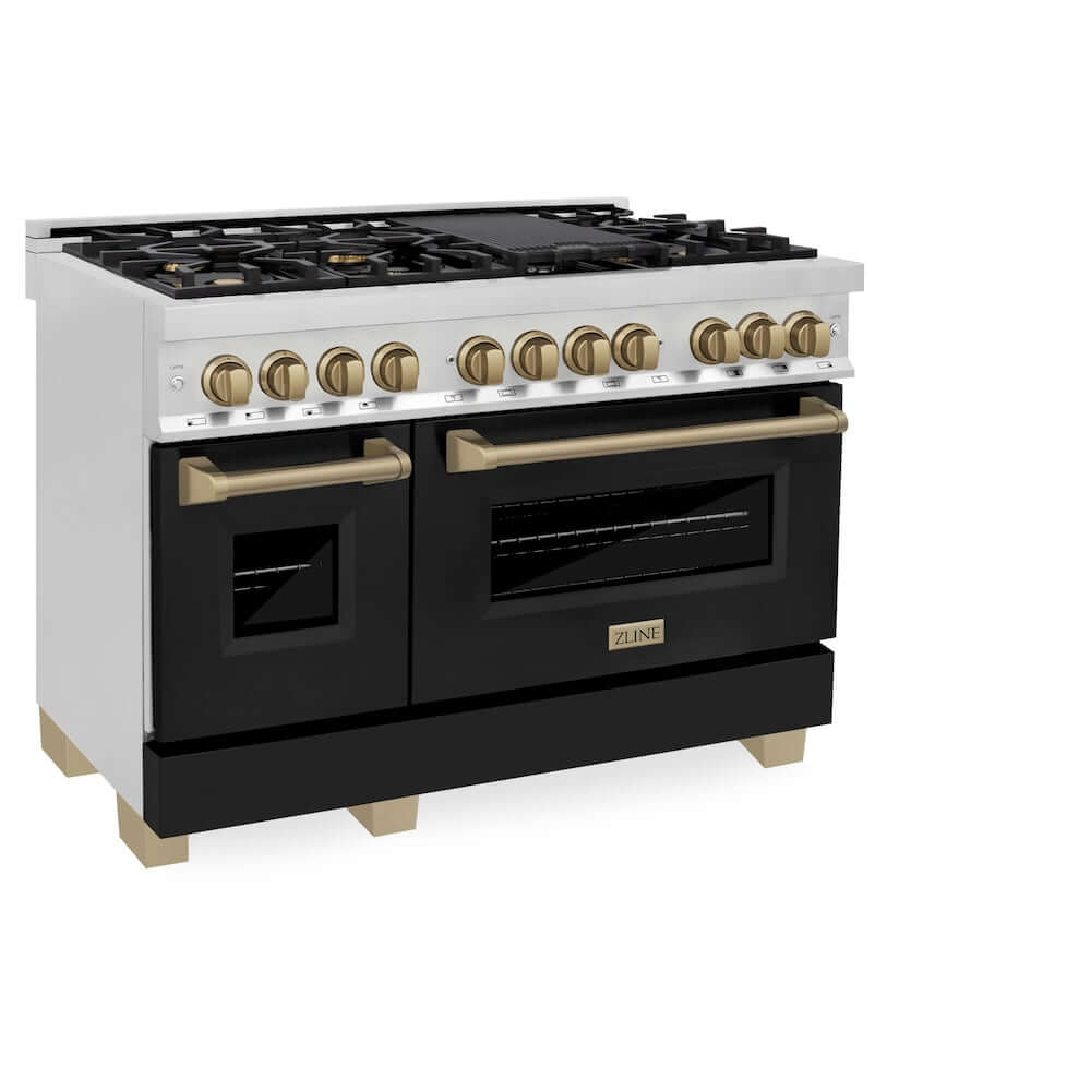 ZLINE Autograph Edition 48 in. 6.0 cu. ft. Dual Fuel Range with Gas Stove and Electric Oven in Stainless Steel with Black Matte Doors and Champagne Bronze Accents (RAZ-BLM-48-CB) side, oven closed.