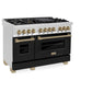 ZLINE Autograph Edition 48 in. 6.0 cu. ft. Legacy Dual Fuel Range with 7 Burner Gas Cooktop and 2 Electric Ovens in Stainless Steel with Black Matte Doors and Champagne Bronze Accents (RAZ-BLM-48-CB) side, oven closed.