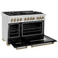 ZLINE Autograph Edition 48 in. 6.0 cu. ft. Legacy Dual Fuel Range with 7 Burner Gas Cooktop and 2 Electric Ovens in Stainless Steel with Black Matte Doors and Champagne Bronze Accents (RAZ-BLM-48-CB) side, oven open.