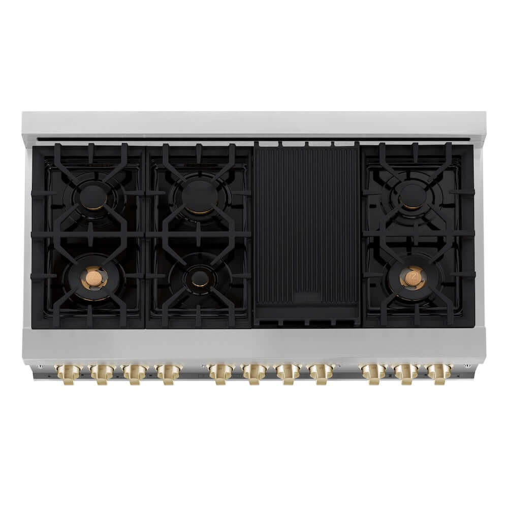 ZLINE Autograph Edition 48 in. 6.0 cu. ft. Dual Fuel Range with Gas Stove and Electric Oven in Stainless Steel with Black Matte Doors and Champagne Bronze Accents (RAZ-BLM-48-CB) from above showing cooktop.