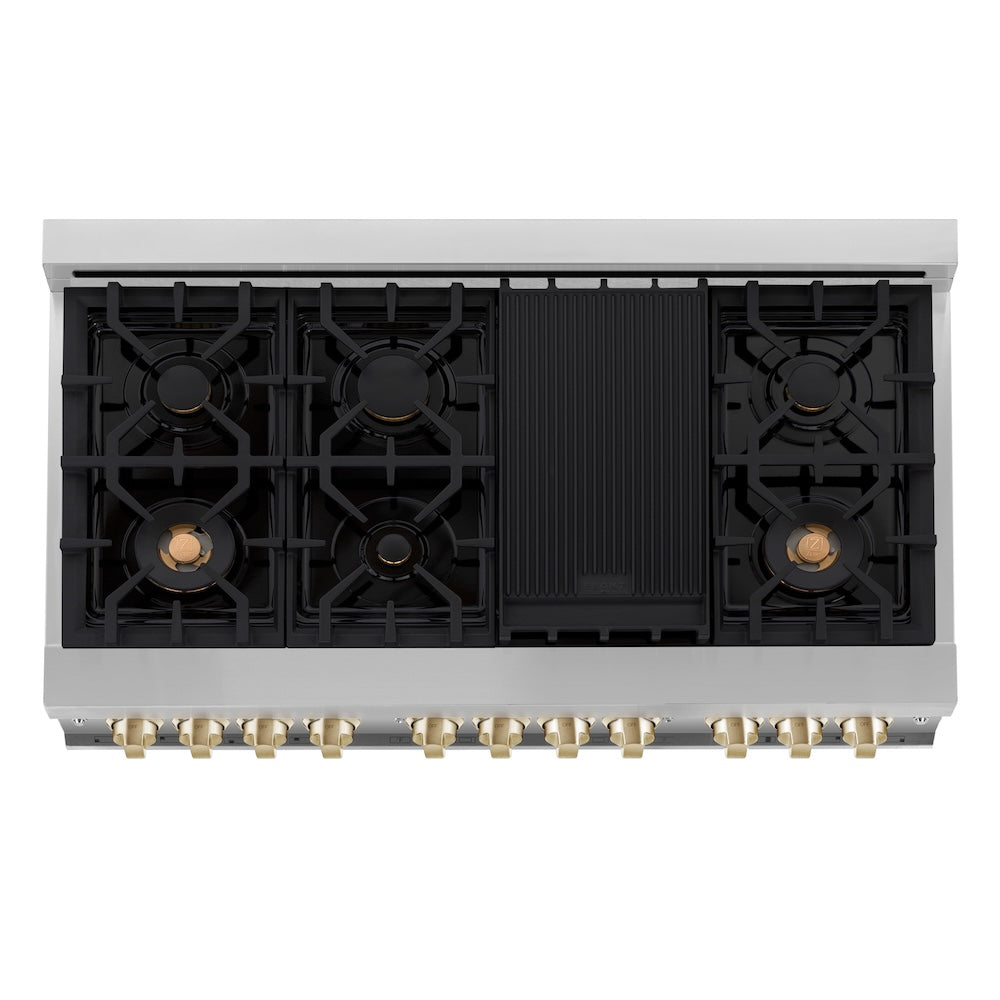 ZLINE Autograph Edition 48 in. 6.0 cu. ft. Legacy Dual Fuel Range with 7 Burner Gas Cooktop and 2 Electric Ovens in Stainless Steel with Black Matte Doors and Champagne Bronze Accents, Open Box-Good Condition