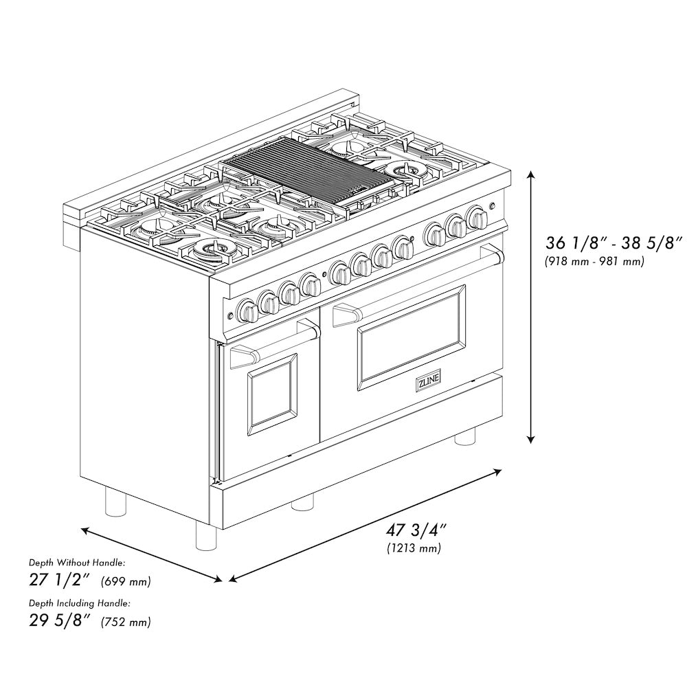ZLINE Autograph Edition 48 in. 6.0 cu. ft. Legacy Dual Fuel Range with 7 Burner Gas Cooktop and 2 Electric Ovens in Stainless Steel with Black Matte Doors and Polished Gold Accents, Open Box-Good Condition dimensional diagram.