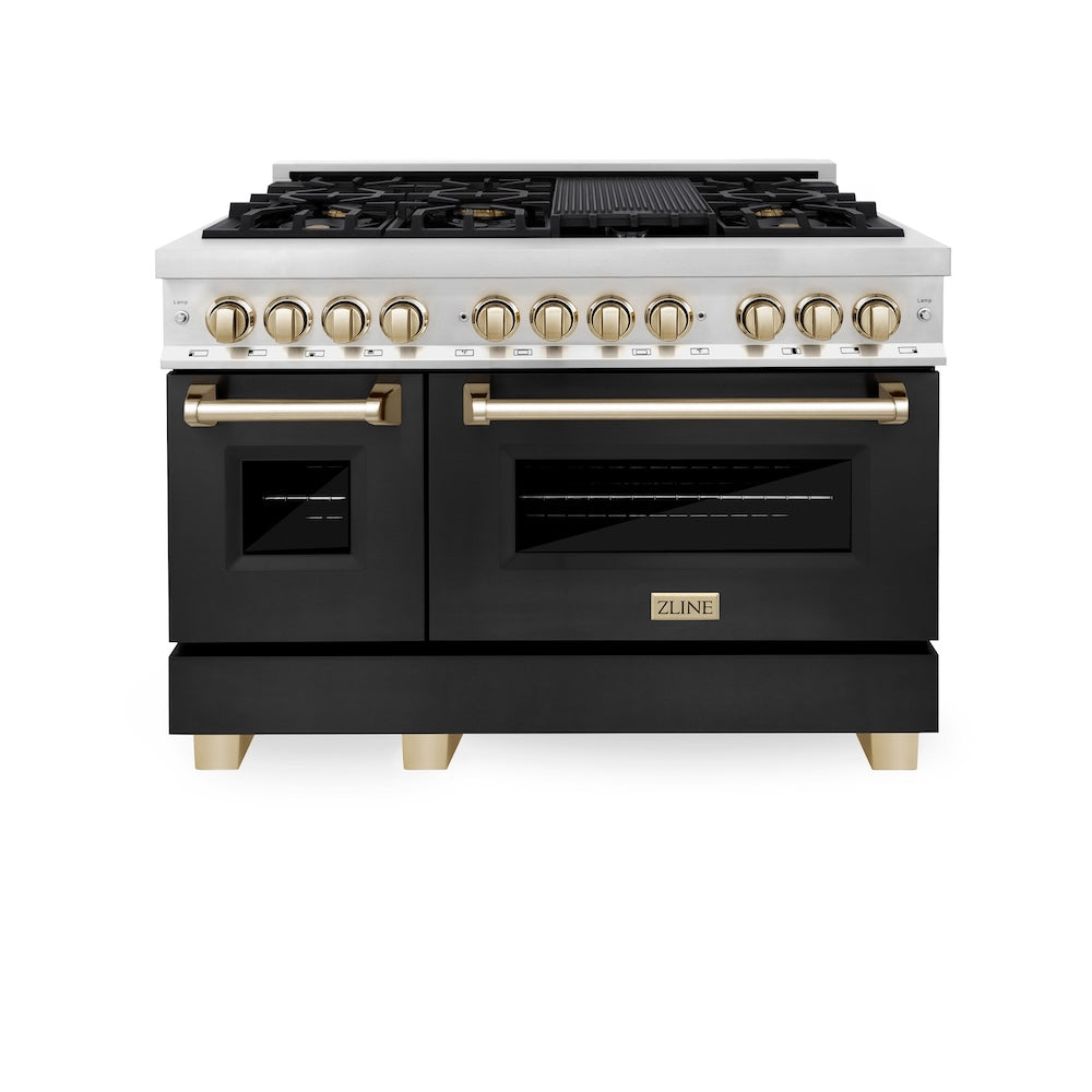 ZLINE Autograph Edition 48 in. 6.0 cu. ft. Legacy Dual Fuel Range with 7 Burner Gas Cooktop and 2 Electric Ovens in Stainless Steel with Black Matte Doors and Polished Gold Accents, Open Box-Good Condition