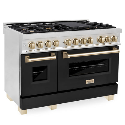 ZLINE Autograph Edition 48 in. 6.0 cu. ft. Legacy Dual Fuel Range with 7 Burner Gas Cooktop and 2 Electric Ovens in Stainless Steel with Black Matte Doors and Polished Gold Accents, Open Box-Good Condition