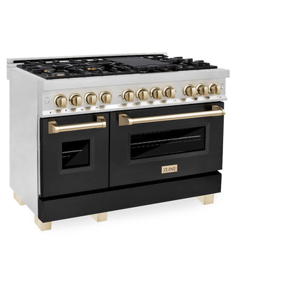 ZLINE Autograph Edition 48 in. 6.0 cu. ft. Legacy Dual Fuel Range with 7 Burner Gas Cooktop and 2 Electric Ovens in Stainless Steel with Black Matte Doors and Polished Gold Accents, Open Box-Great Condition