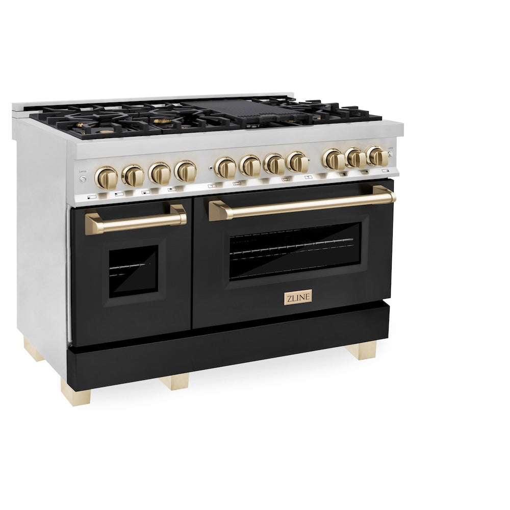 ZLINE Autograph Edition 48 in. 6.0 cu. ft. Legacy Dual Fuel Range with 7 Burner Gas Cooktop and 2 Electric Ovens in Stainless Steel with Black Matte Doors and Polished Gold Accents, Open Box-Good Condition