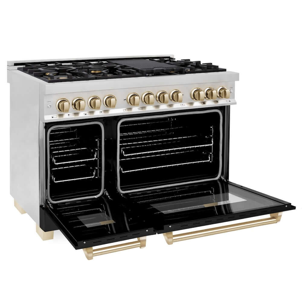 ZLINE Autograph Edition 48 in. 6.0 cu. ft. Legacy Dual Fuel Range with 7 Burner Gas Cooktop and 2 Electric Ovens in Stainless Steel with Black Matte Doors and Polished Gold Accents (RAZ-BLM-48-G) side, oven open.