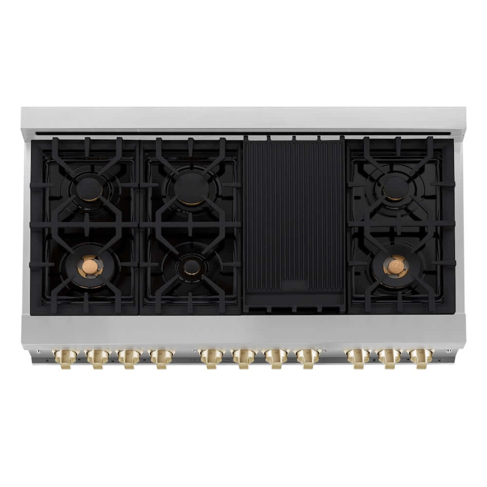ZLINE Autograph Edition 48 in. 6.0 cu. ft. Legacy Dual Fuel Range with 7 Burner Gas Cooktop and 2 Electric Ovens in Stainless Steel with Black Matte Doors and Polished Gold Accents (RAZ-BLM-48-G) top-down, above cooktop.