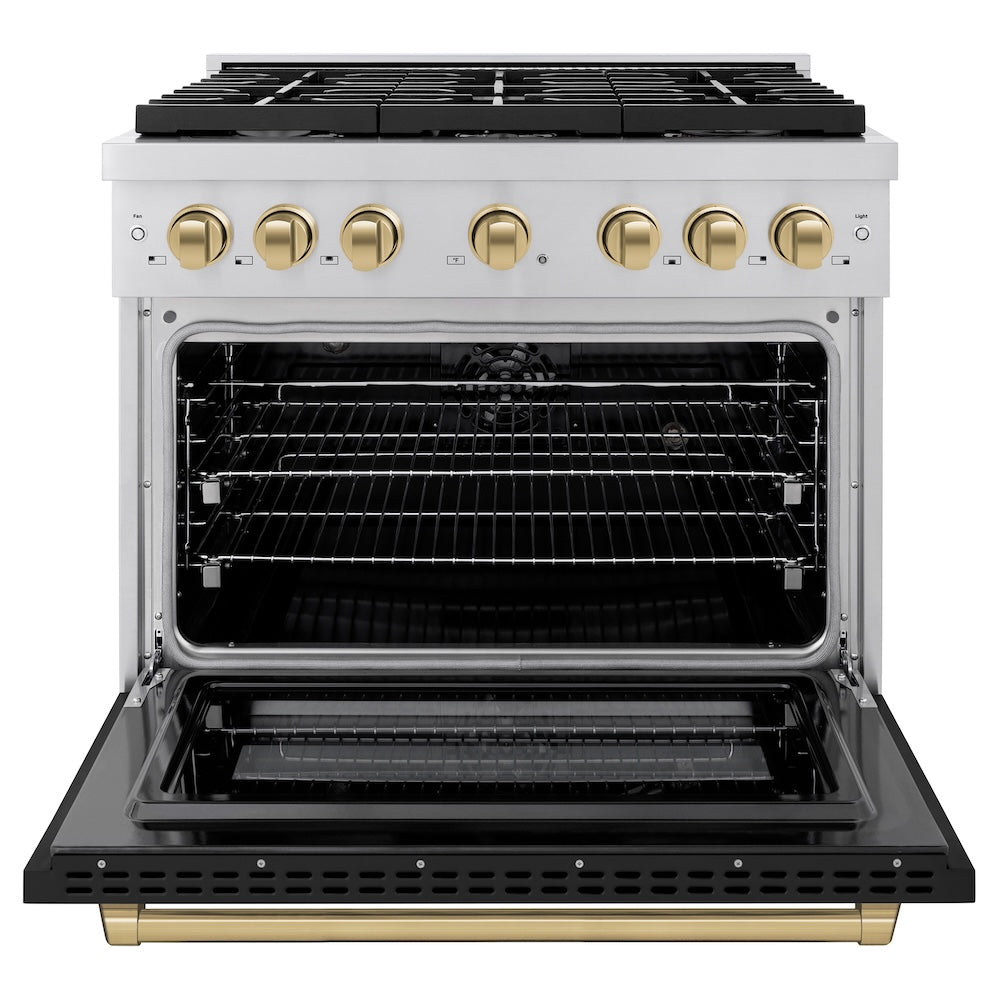 ZLINE Autograph Edition 36 in. 5.2 cu. ft. Paramount Dual Fuel Range with 6 Burner Gas Cooktop and Electric Convection Oven in Stainless Steel with Black Matte Door and Champagne Bronze Accents (SDRZ-BLM-36-CB) front, oven open.