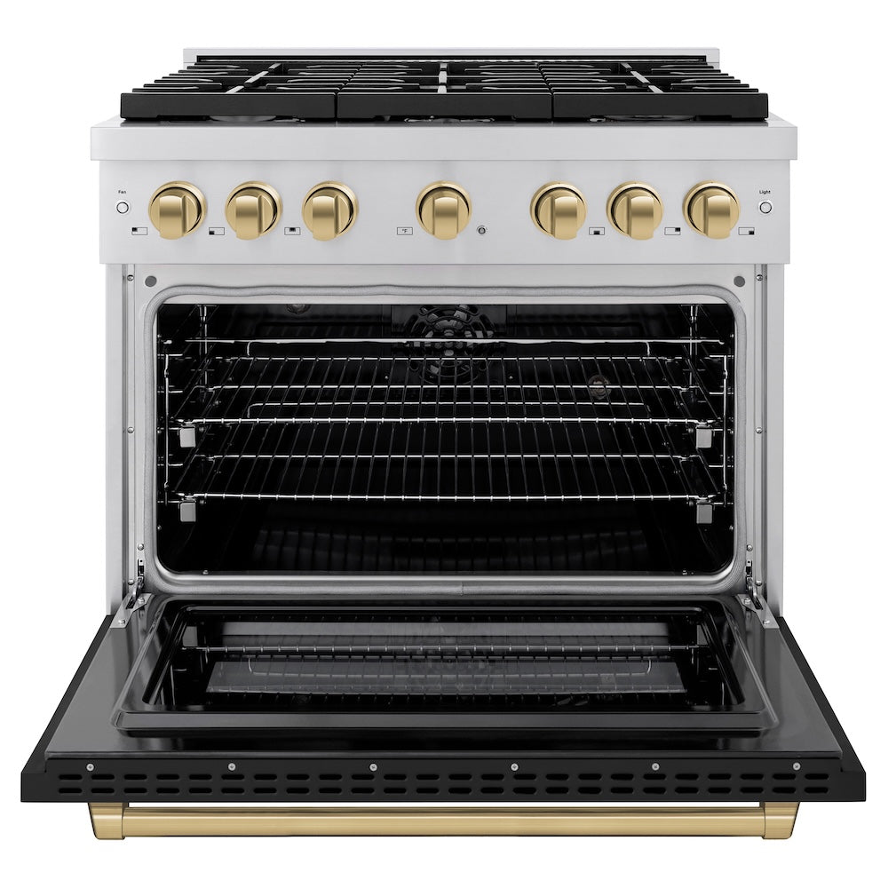 ZLINE Autograph Edition 36 in. 5.2 cu. ft. Paramount Dual Fuel Range with 6 Burner Gas Cooktop and Electric Convection Oven in Stainless Steel with Black Matte Door and Champagne Bronze Accents, Open Box-Great Condition