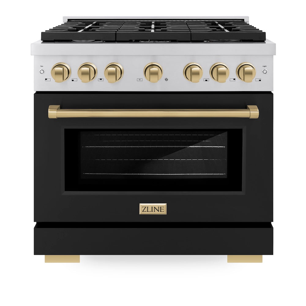 ZLINE Autograph Edition 36 in. 5.2 cu. ft. Paramount Dual Fuel Range with 6 Burner Gas Cooktop and Electric Convection Oven in Stainless Steel with Black Matte Door and Champagne Bronze Accents, Open Box-Great Condition