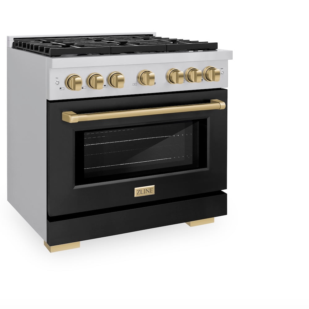 ZLINE Autograph Edition 36 in. 5.2 cu. ft. Paramount Dual Fuel Range with 6 Burner Gas Cooktop and Electric Convection Oven in Stainless Steel with Black Matte Door and Champagne Bronze Accents, Open Box-Great Condition