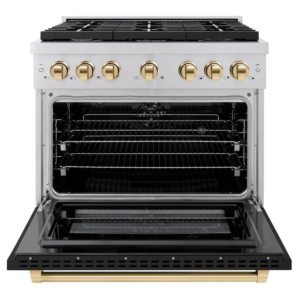 ZLINE Autograph Edition 36 in. 5.2 cu. ft. Paramount Dual Fuel Range with 6 Burner Gas Cooktop and Electric Convection Oven in Stainless Steel with Black Matte Door and Polished Gold Accents, Open Box-Great Condition